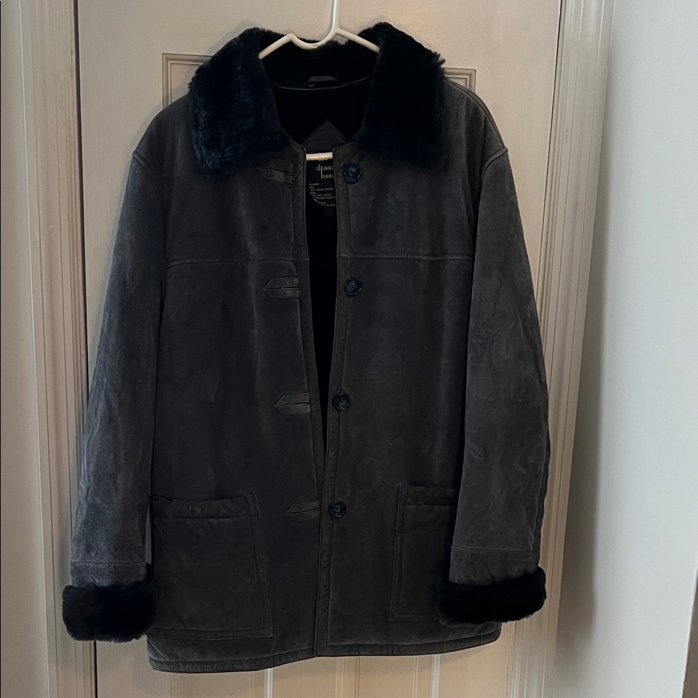 Steel blue Dennis Basso Suede Jacket with Faux Fur Trim
